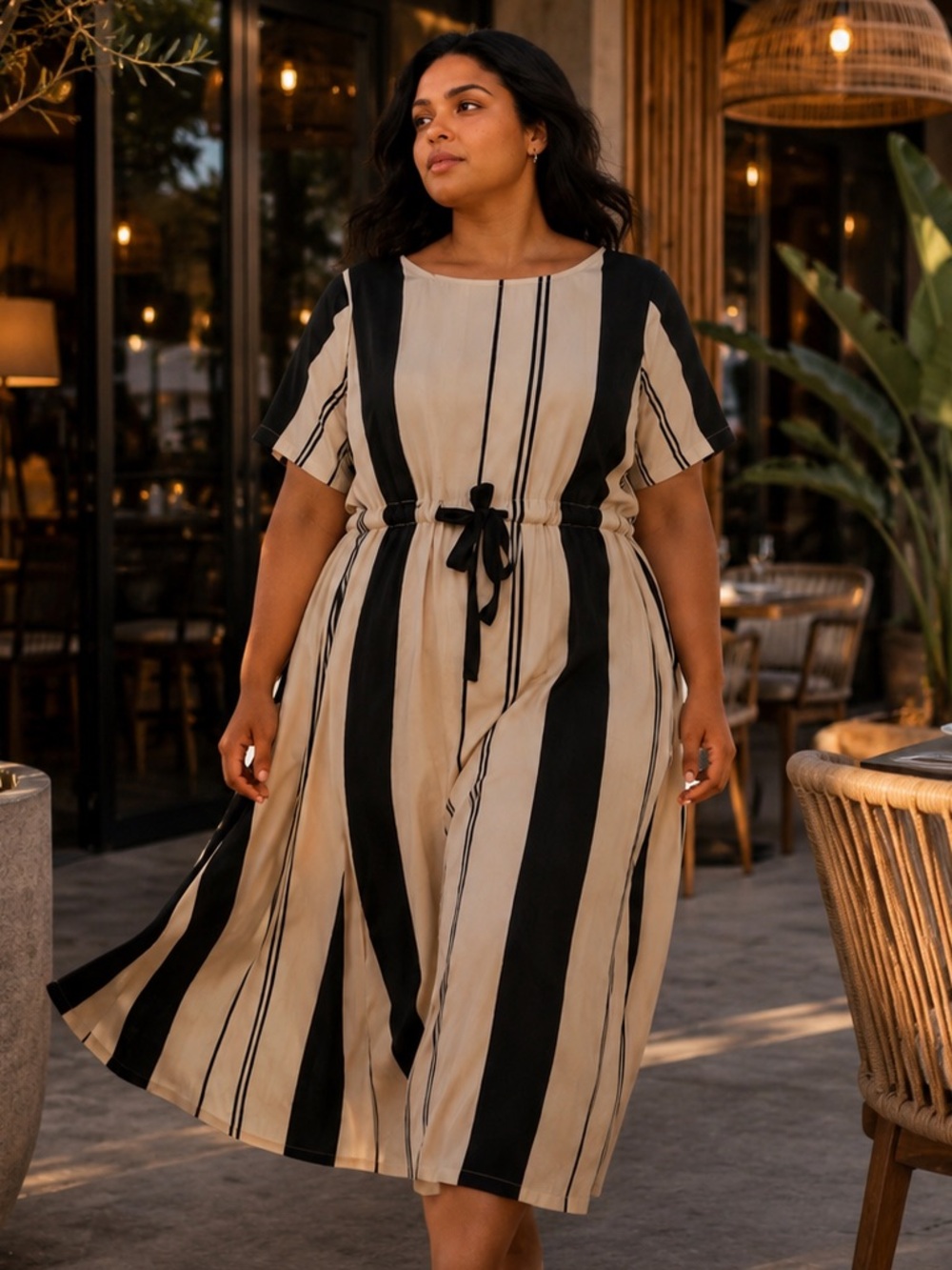 Ellazhu Black and Cream Vertical Stripe Midi Dress with Drawstring